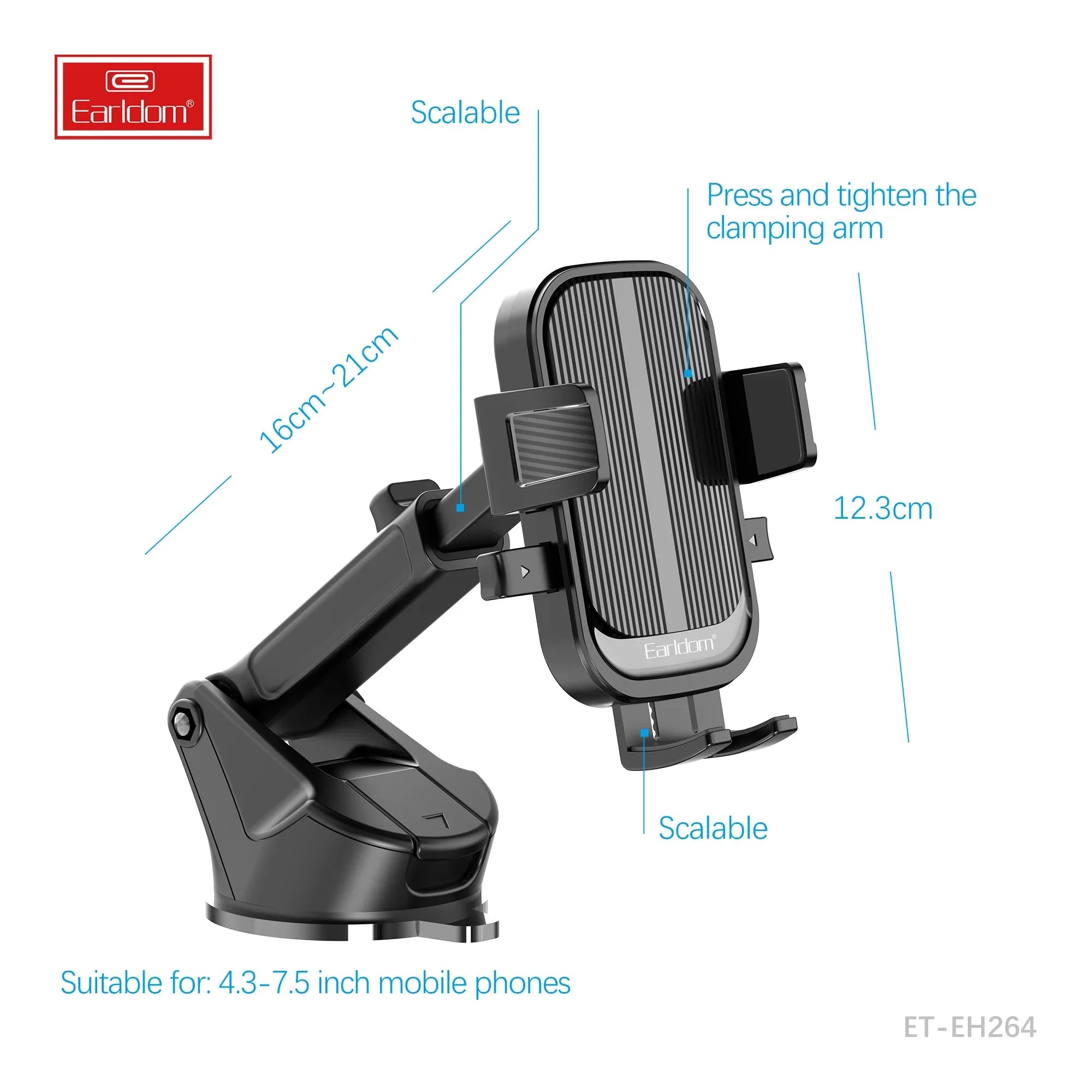 Adjustable car phone holder mount with clamping arm, suitable for 4.3-7.5 inch smartphones