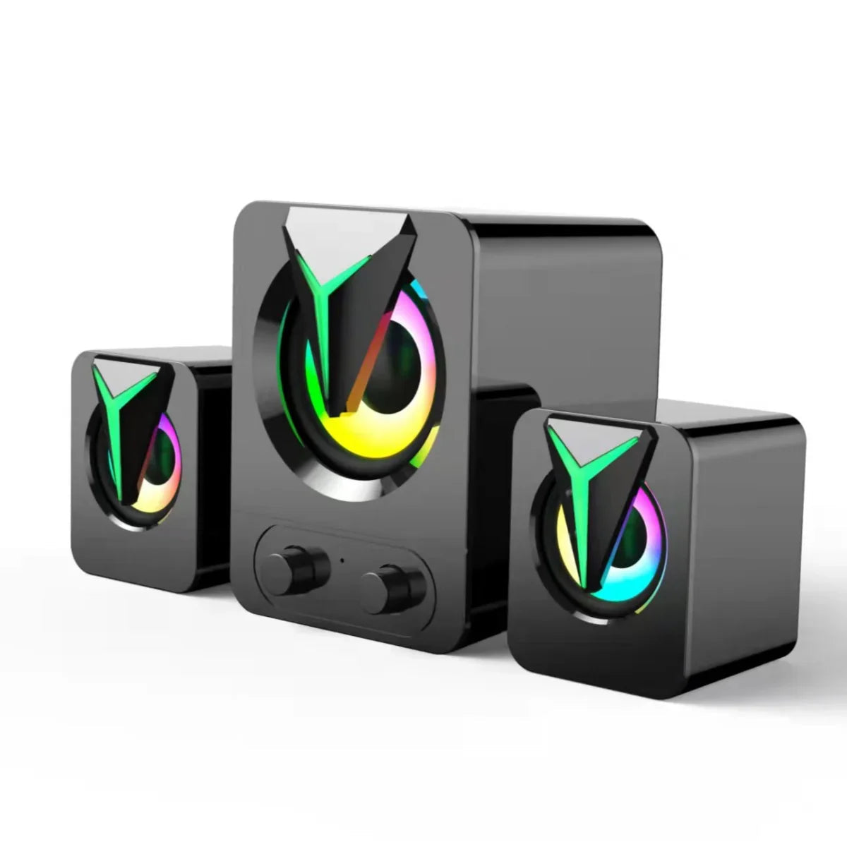 Black RGB LED gaming speaker set with subwoofer and two satellite speakers on white background