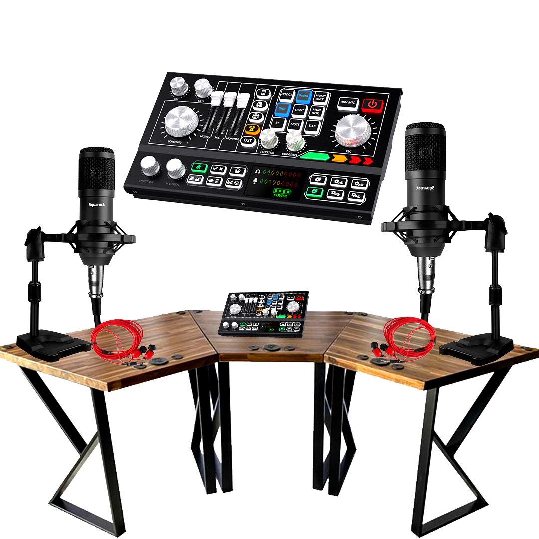 Podcast studio setup with audio mixer, two condenser microphones on stands, cables, and wooden desk