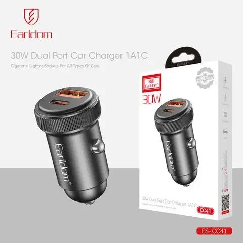 30W dual port USB car charger with USB-C and USB-A outlets, product and packaging display