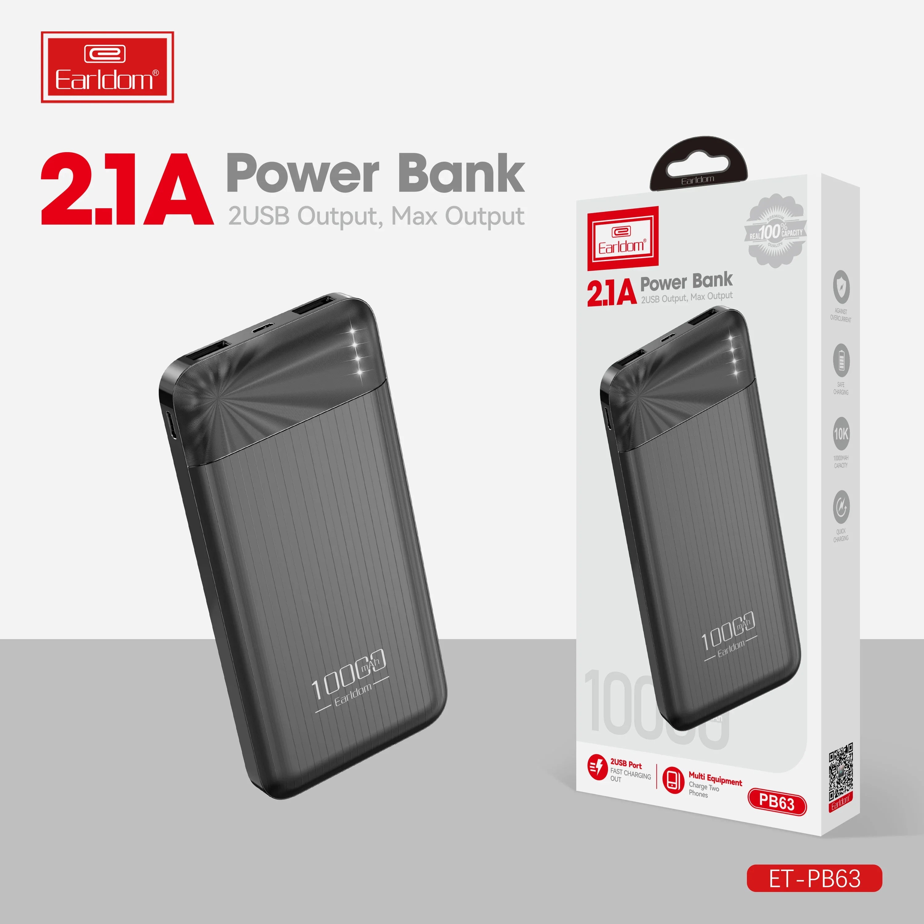 Earldom 10000mAh power bank with 2.1A dual USB output, shown with retail packaging