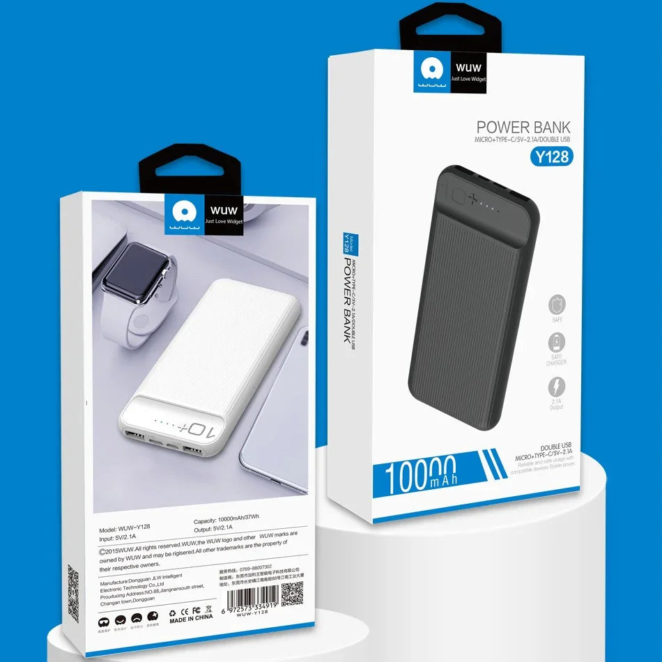 WUW Y128 10000mAh power bank packaging in black and white, USB-C and micro USB ports