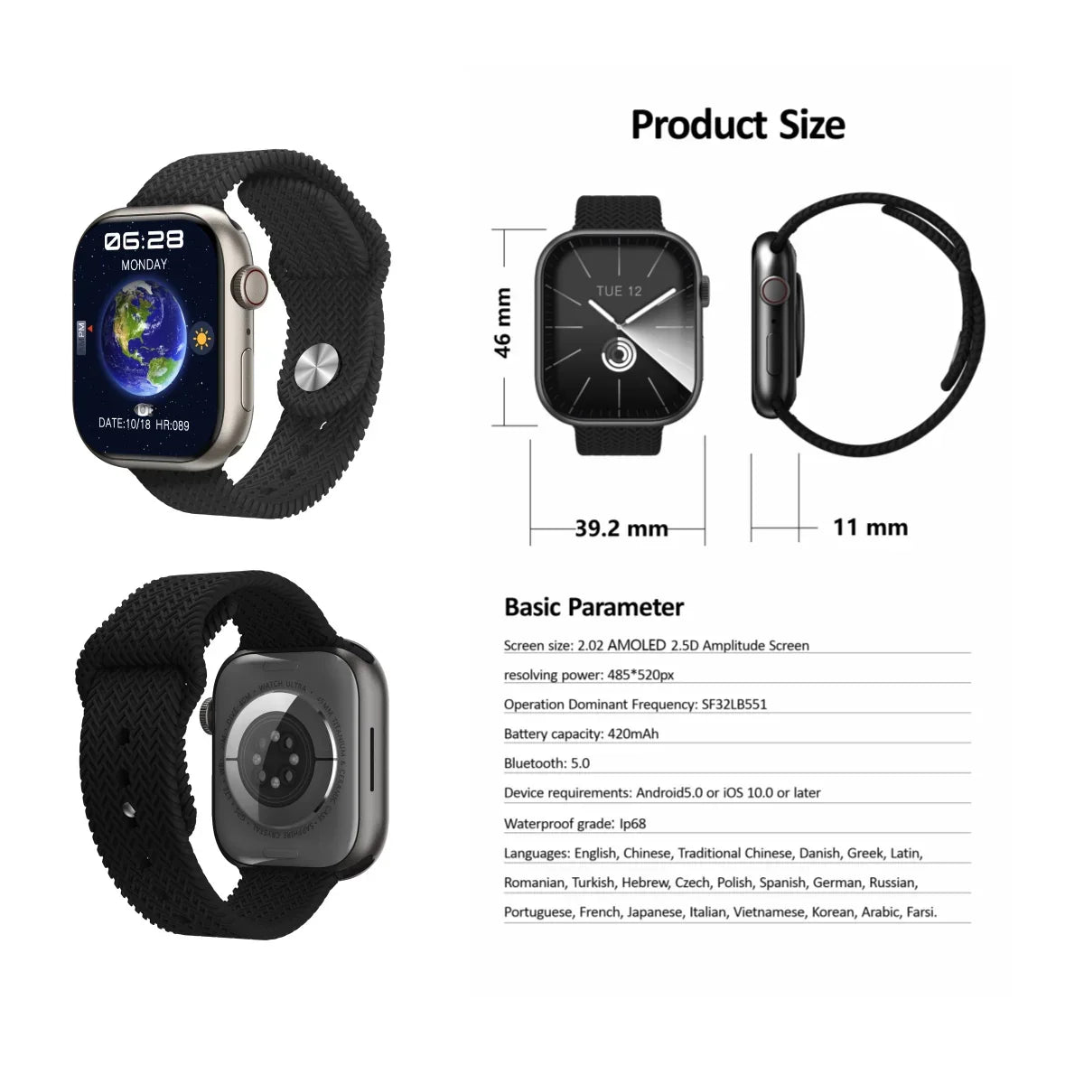 Black smart watch with AMOLED screen, braided strap, and dimensions chart