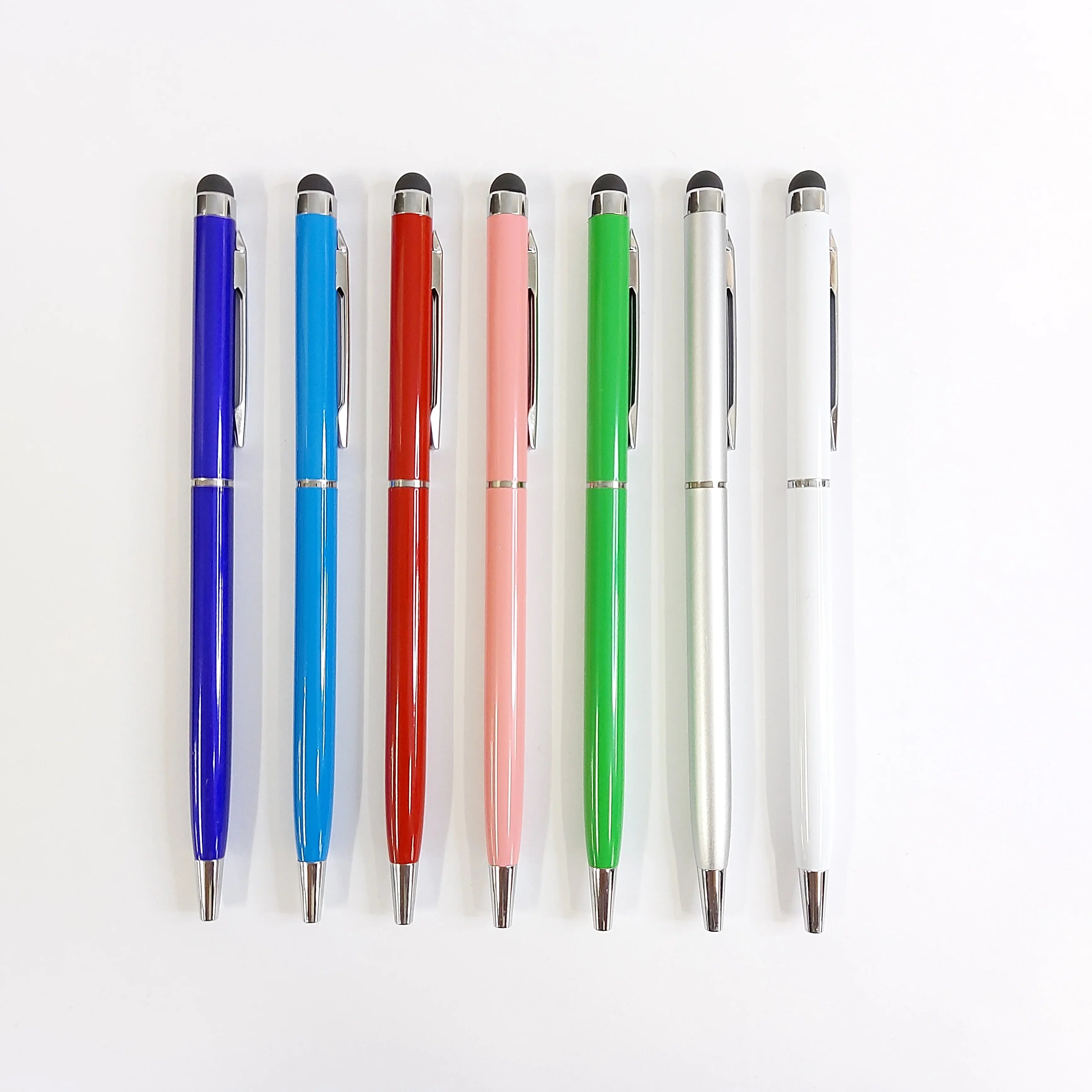 Seven colorful stylus ballpoint pens with metal clips on a white background.