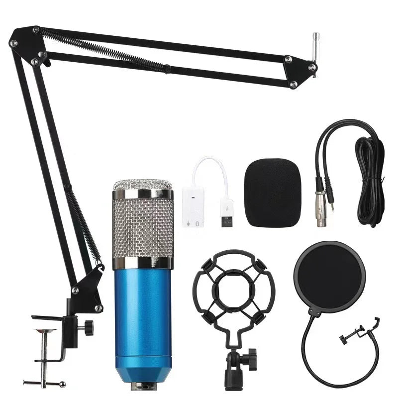 Blue condenser microphone kit with boom arm, shock mount, pop filter, USB adapter, and cables