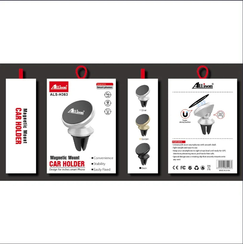 Magnetic mount car phone holder in retail packaging, available in silver, gold, and black.