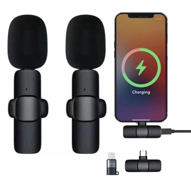Wireless lavalier microphones with receiver and smartphone charging, electronic accessories.