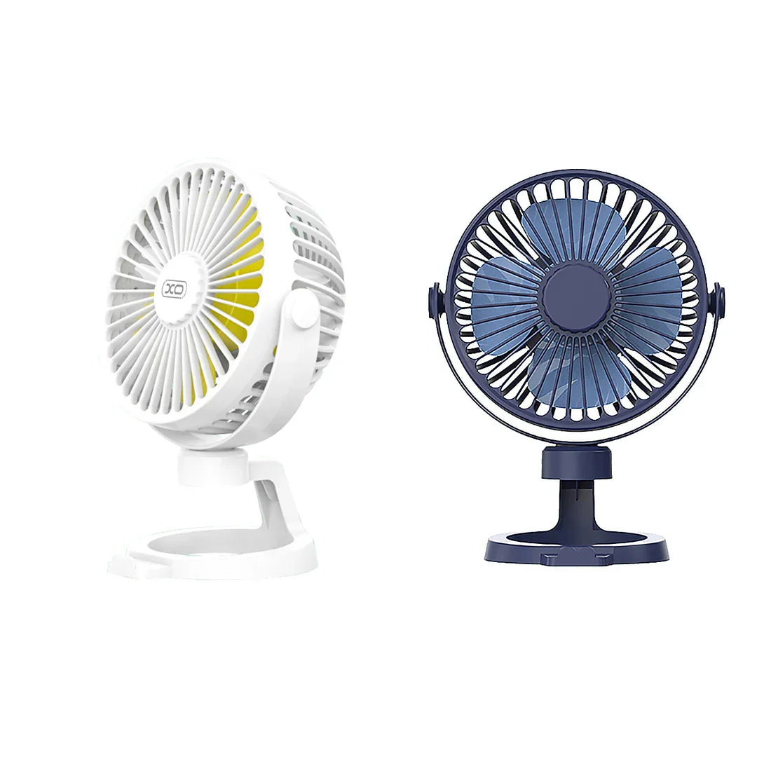 Two small portable desk fans, one white and one blue, side by side on a white background.