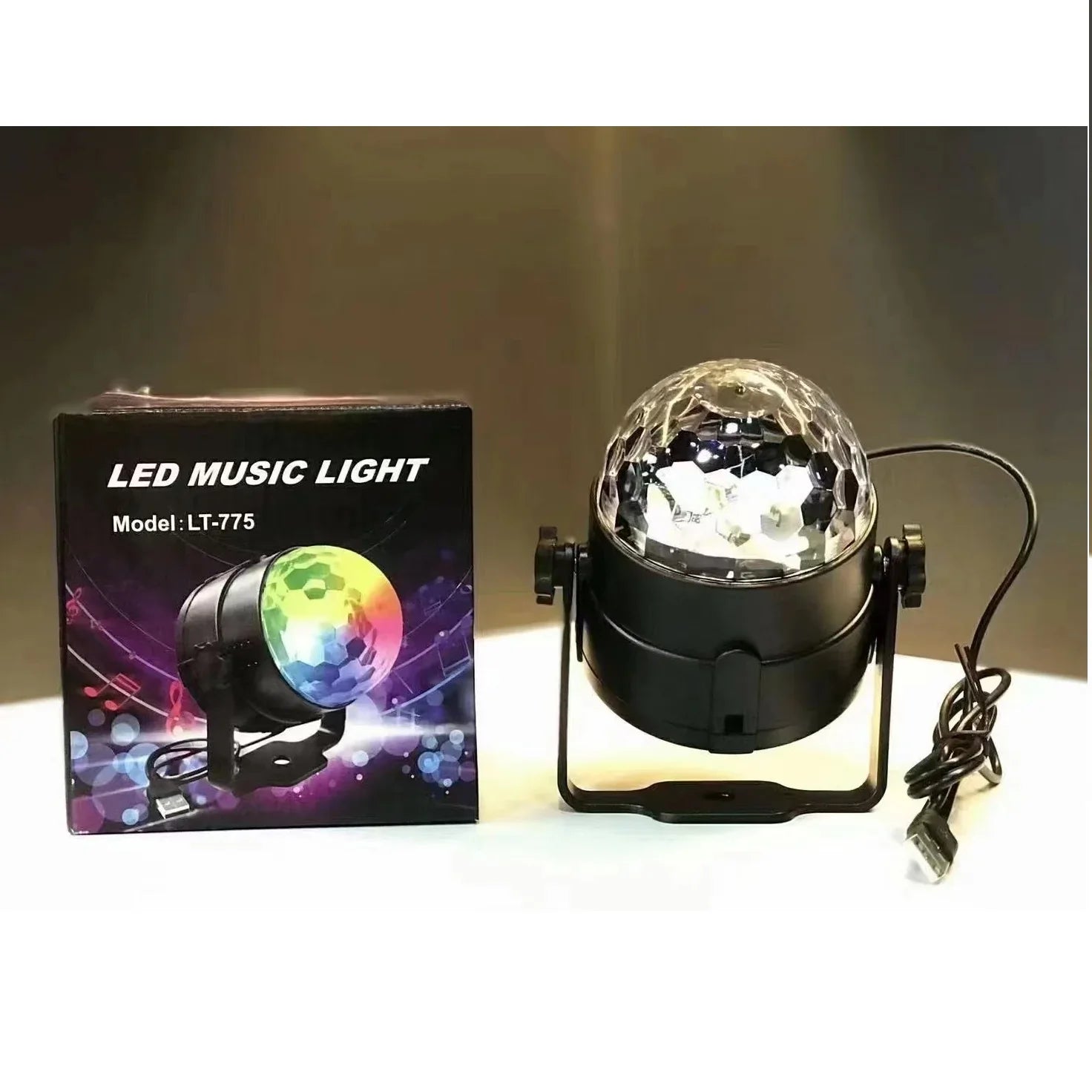 LED music light with USB cable and box, disco ball effect, model LT-775, for parties