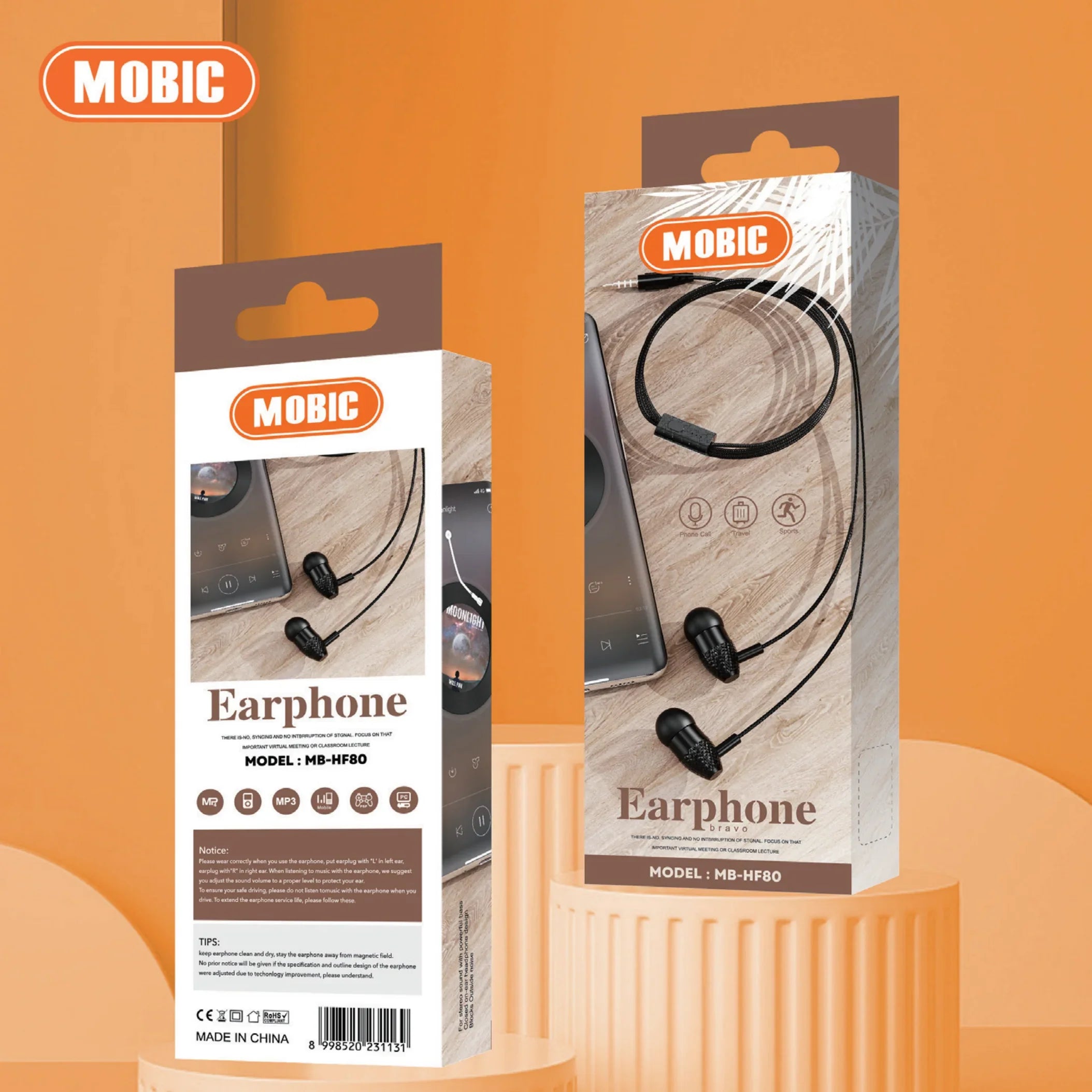 MOBIC MB-HF80 wired earphones retail packaging on an orange background