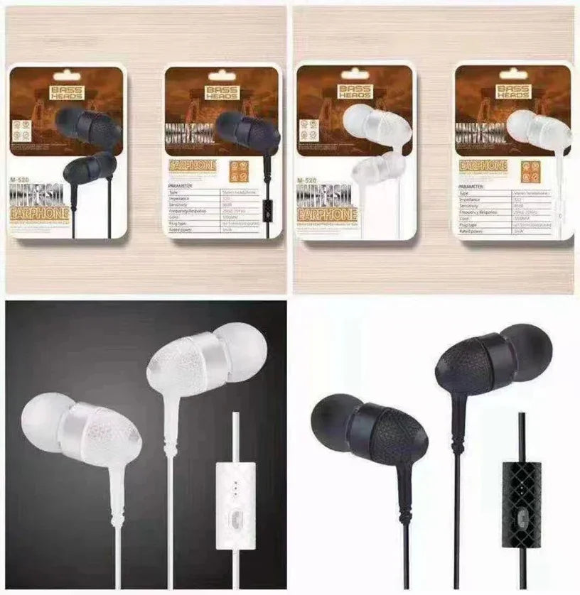 Wired in-ear earphones with built-in mic in black and white, shown in packaging and close-up.
