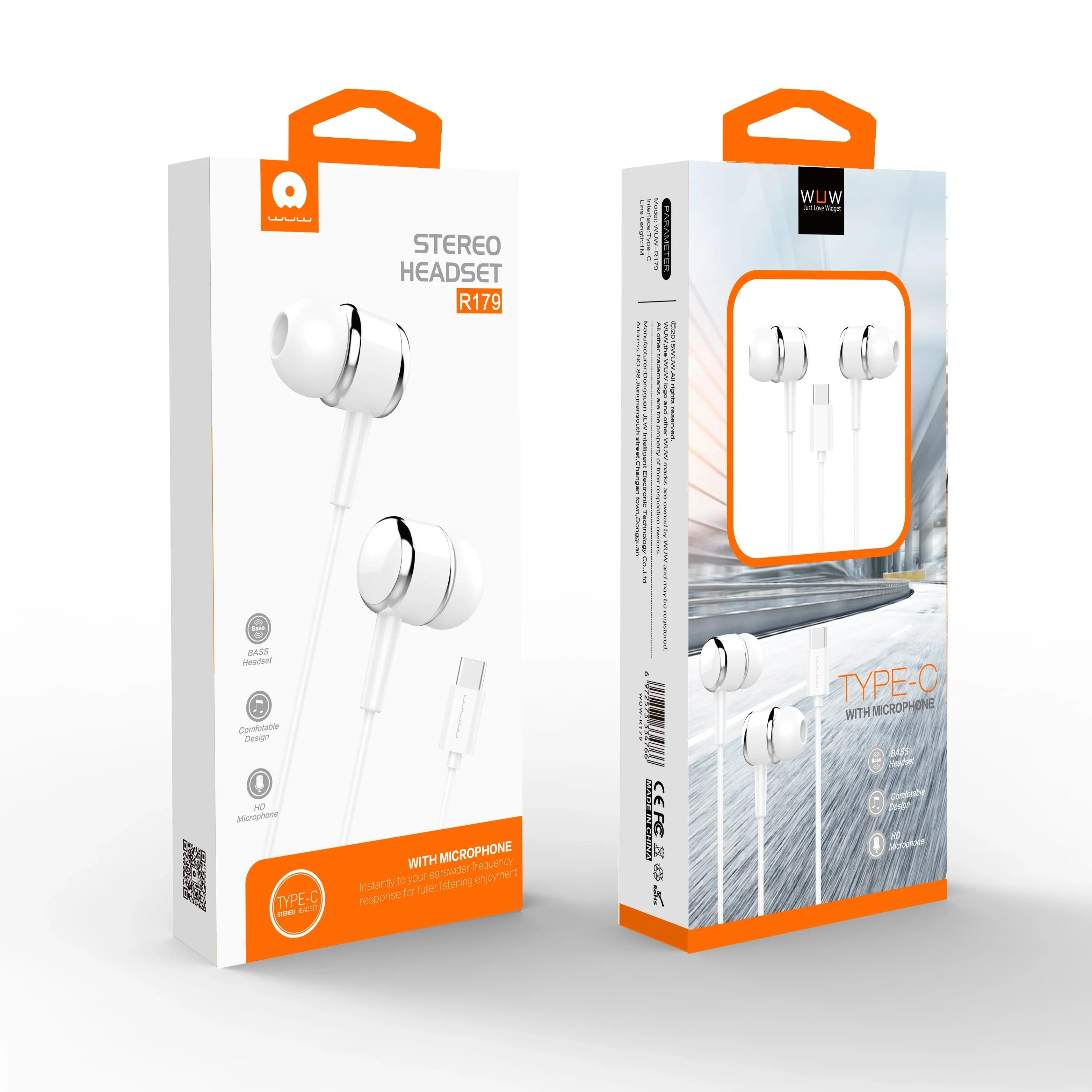 White stereo headset Type-C earphones with microphone in retail packaging