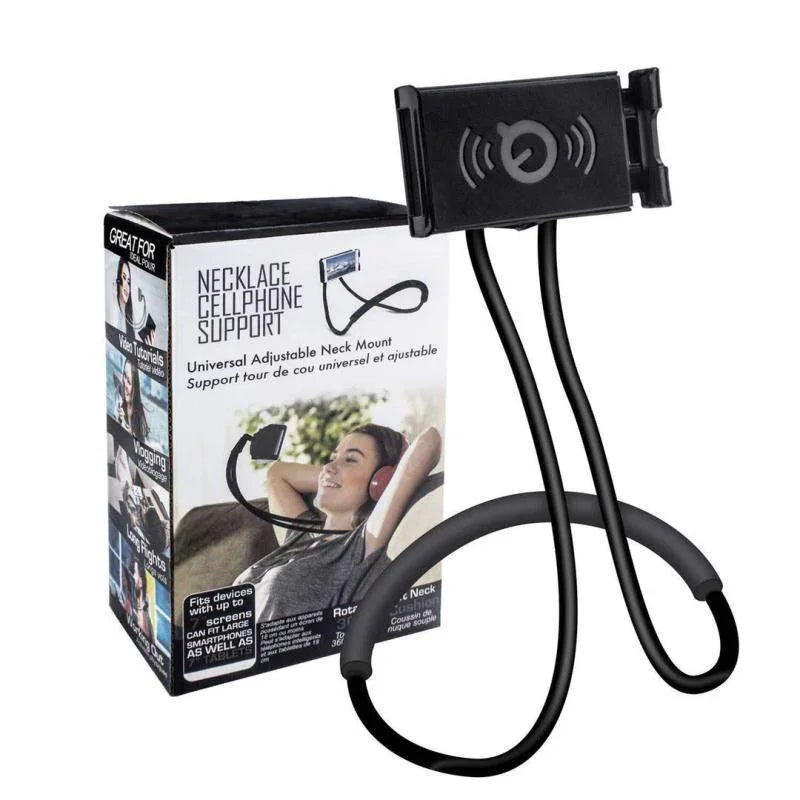 Universal adjustable neck phone holder with flexible arms, shown with packaging box