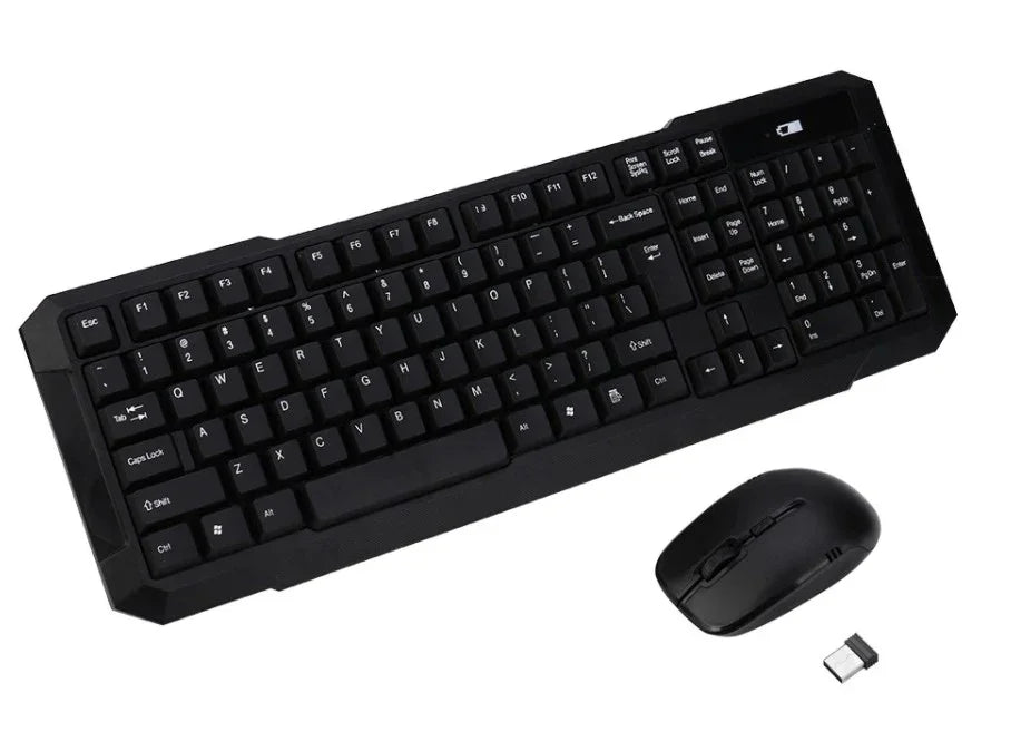 Wireless black keyboard and mouse combo with USB receiver on white background