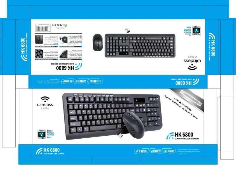 HK 6800 wireless keyboard and mouse combo packaging with USB receiver and product features