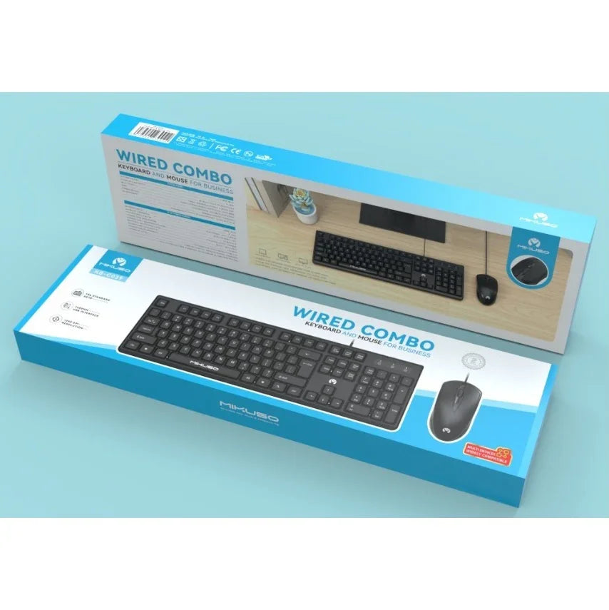 Wired keyboard and mouse combo in retail packaging on a blue background