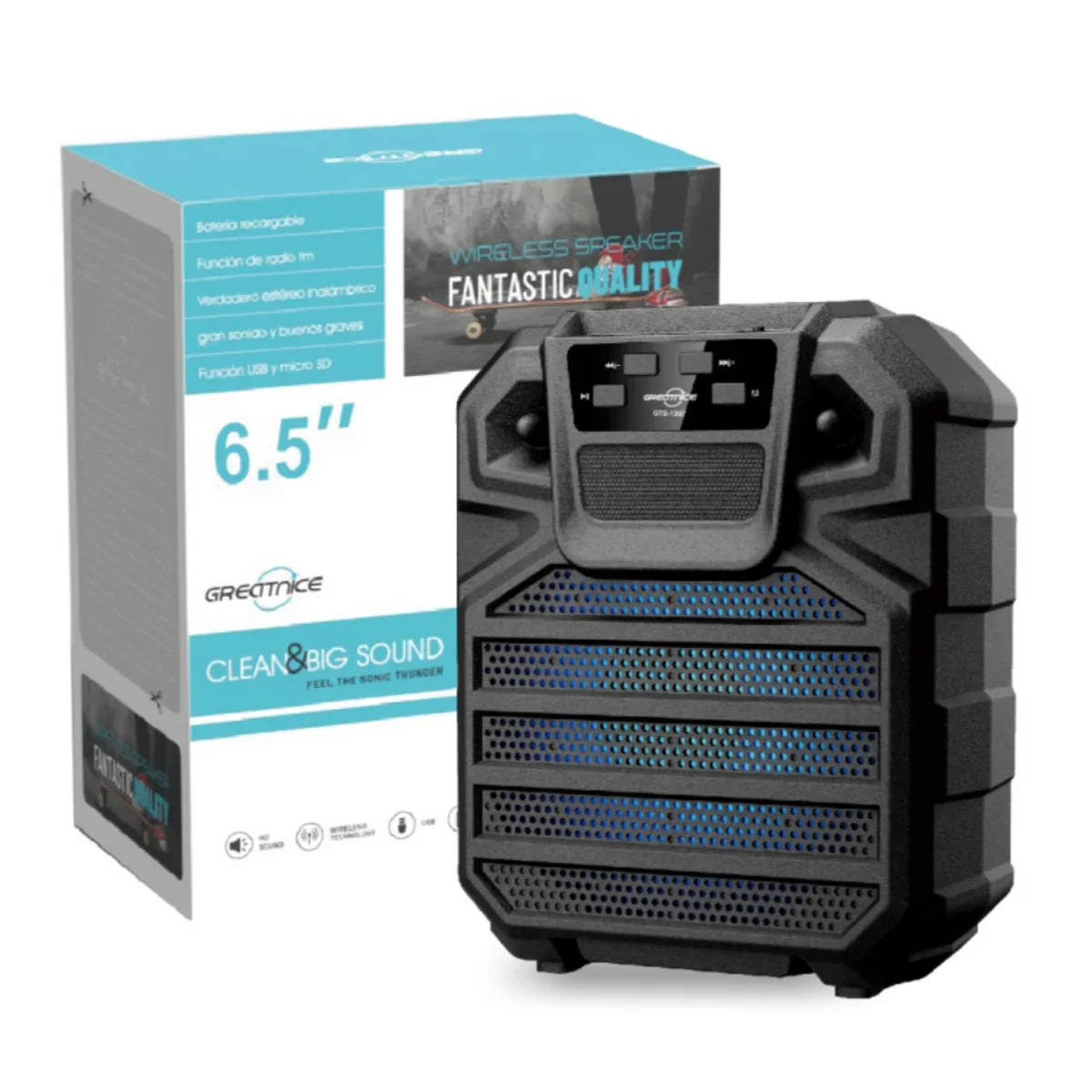 Portable wireless Bluetooth speaker with rugged black design and retail packaging