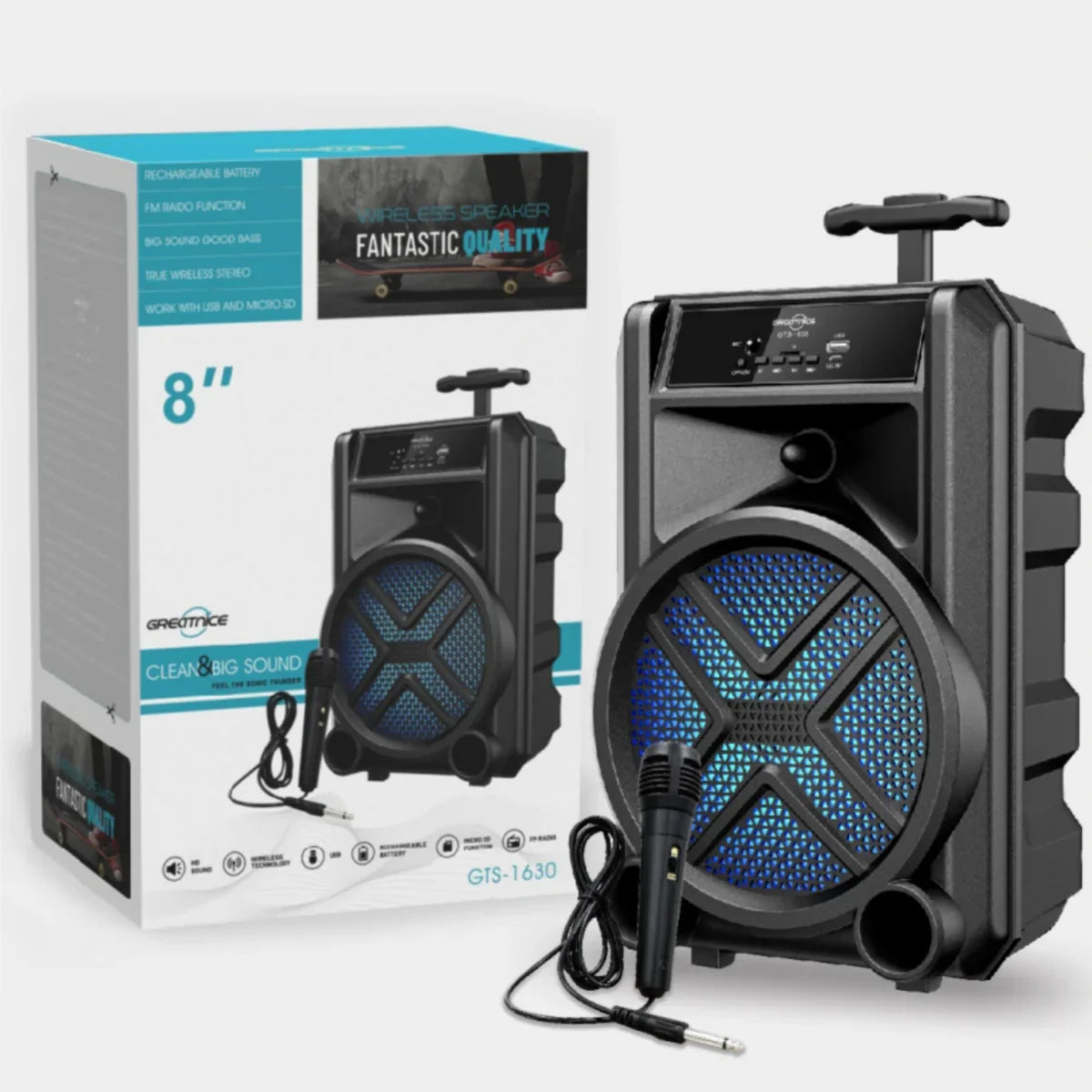 Portable 8-inch wireless speaker with blue LED display, microphone, and product box