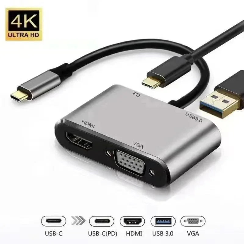 USB-C multiport hub with HDMI, VGA, USB 3.0, supports 4K Ultra HD output