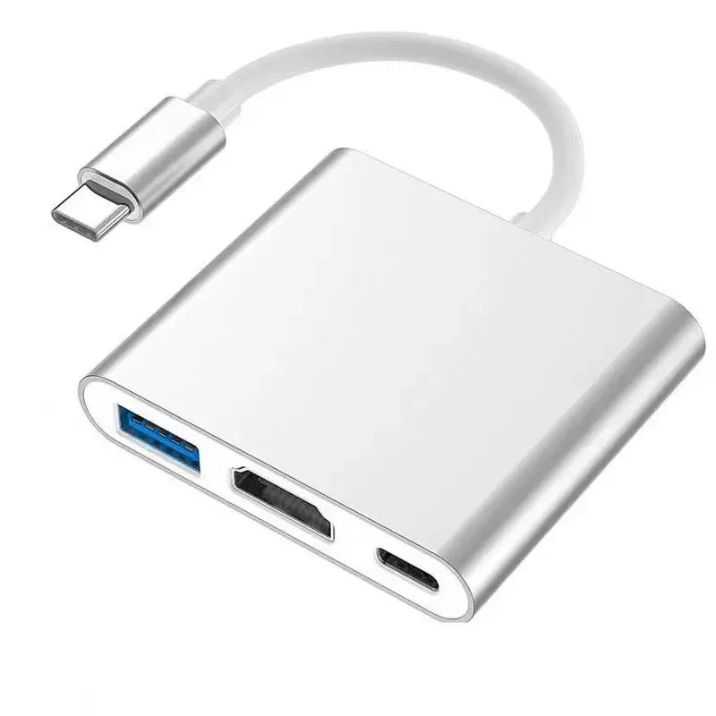 USB-C hub adapter with HDMI, USB 3.0, and USB-C ports on white background