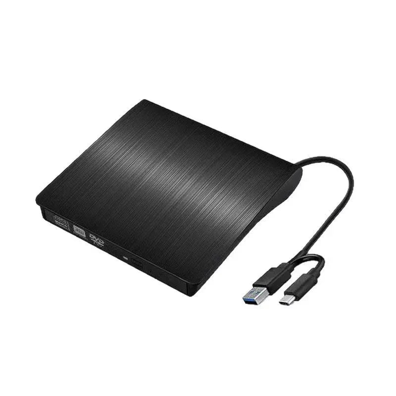 External black USB DVD drive with USB-A and USB-C cables for laptops and PCs