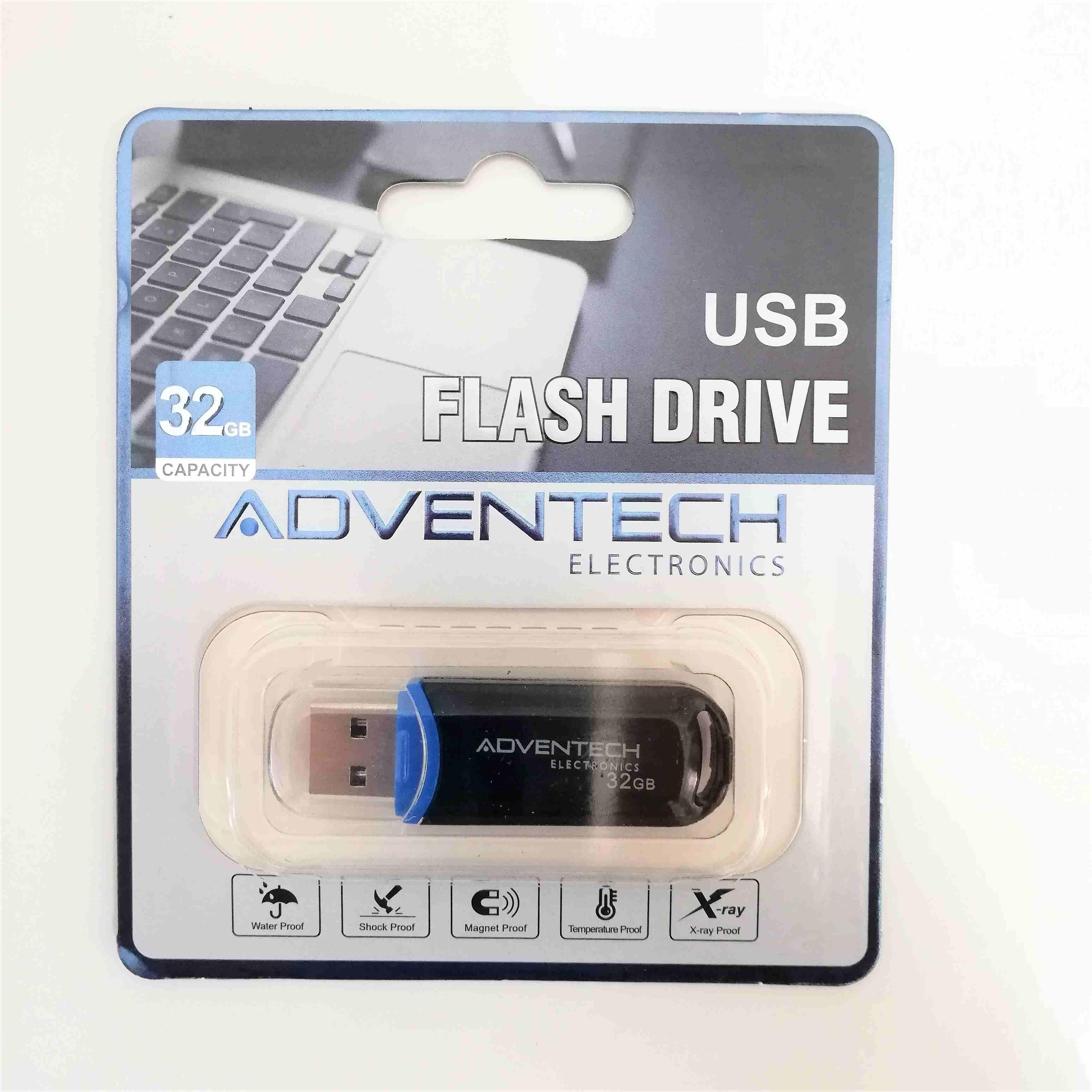 32GB USB flash drive in retail packaging, black and blue, water and shock proof