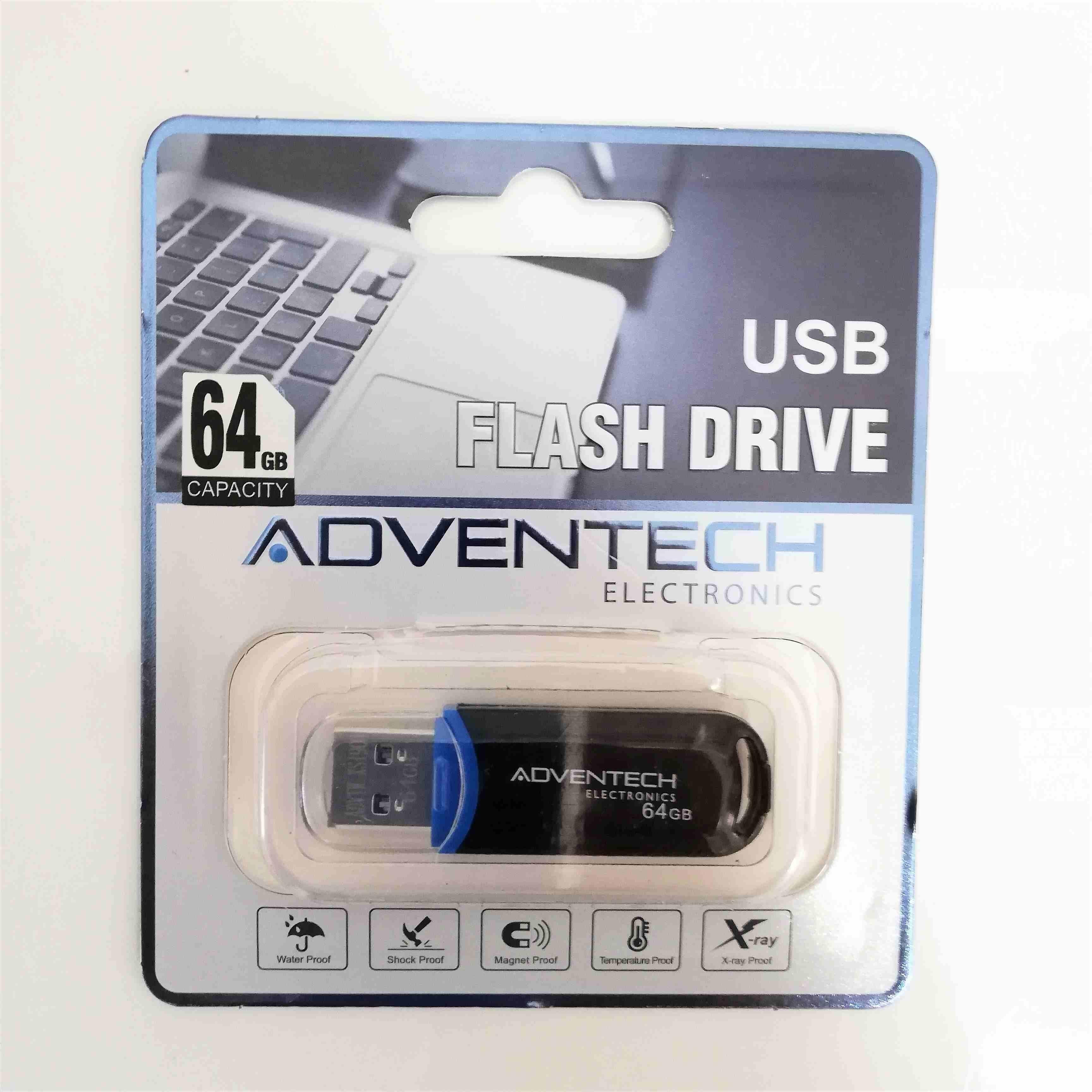 64GB USB flash drive in retail packaging, water and shock proof, black and blue design.