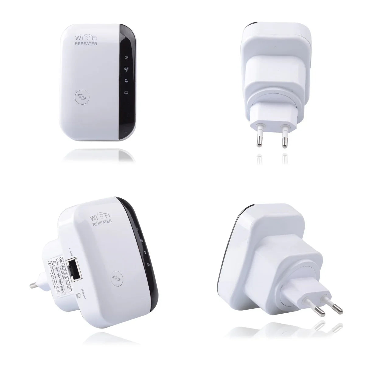 Compact white WiFi repeater plug with EU plug, shown from multiple angles