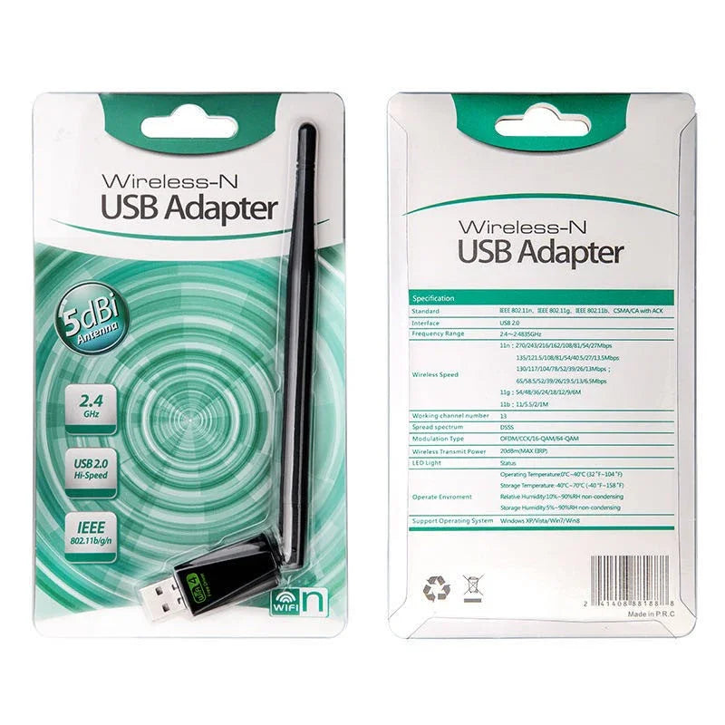 Wireless-N USB adapter with high-gain antenna, 2.4GHz, USB 2.0, dual-sided retail packaging.
