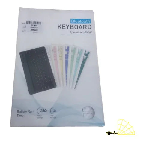 Bluetooth wireless keyboard packaging with colorful key options and battery life info