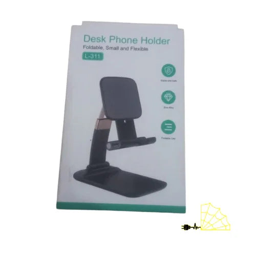 Foldable desk phone holder L-311 in black, shown on product packaging, flexible stand