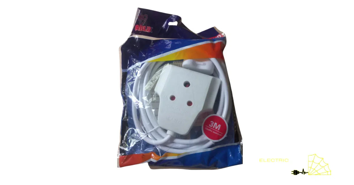 Packaged white 3-meter extension cord with multi-plug socket for electronics