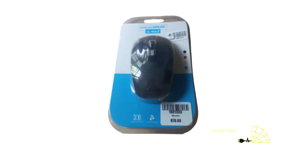 Wireless computer mouse in retail packaging, black, 2.4GHz, with price tag visible.