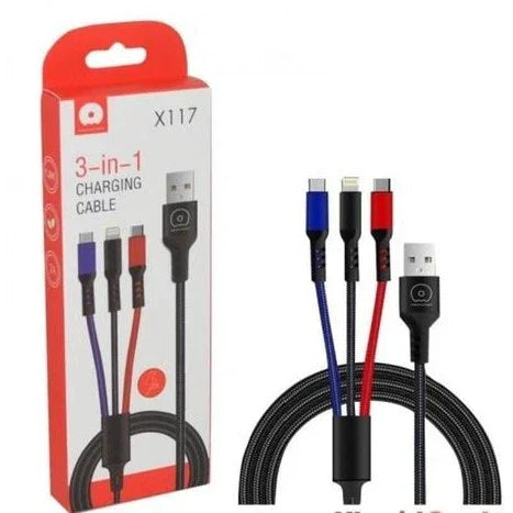 3-in-1 charging cable with USB and three connectors for USB-C, micro-USB, and Lightning devices