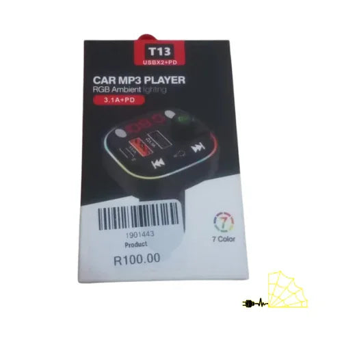 T13 USB car MP3 player with RGB lighting, dual USB ports, and price tag on packaging