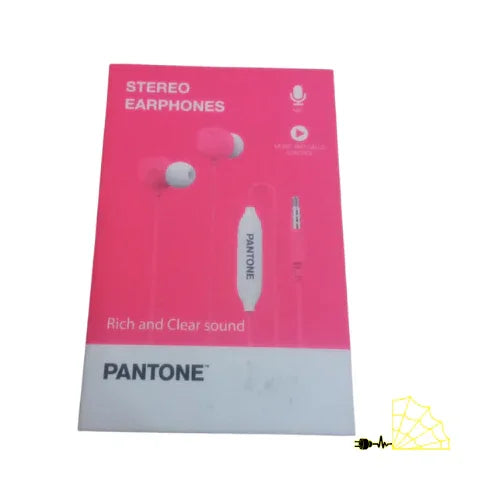 Pantone pink stereo earphones with microphone in retail packaging, electronic accessory