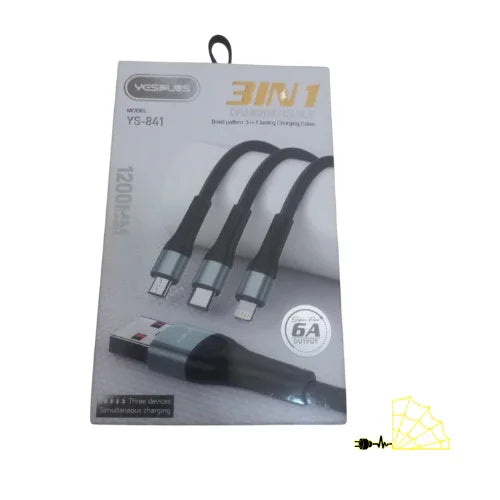 3-in-1 USB charging cable with USB-C, Micro USB, and Lightning connectors in retail packaging