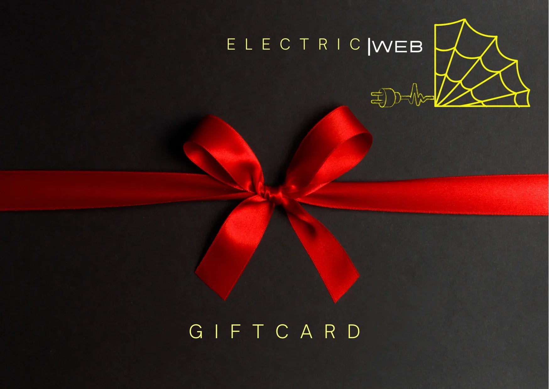 Black gift card with a red satin bow and gold electric plug web graphic