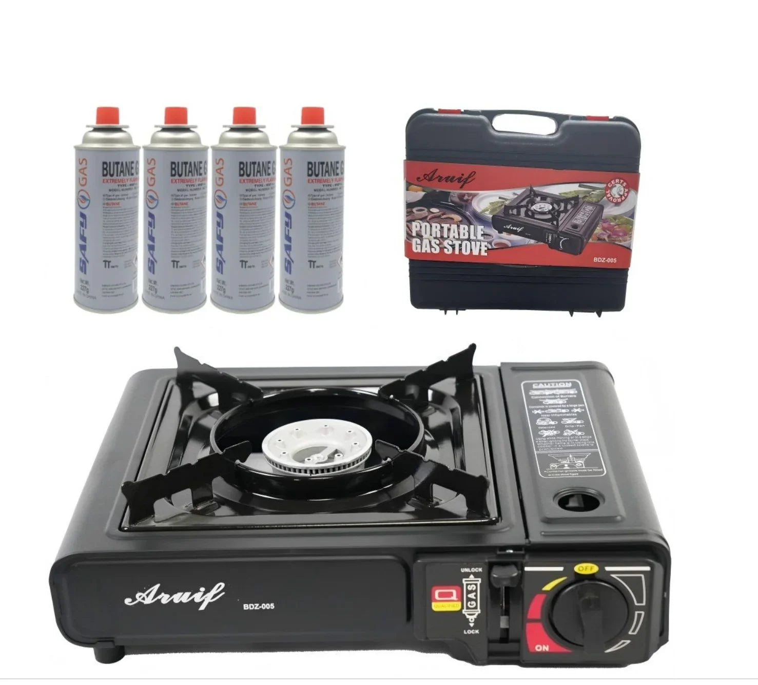 Portable gas stove with four butane fuel cans and carrying case, ideal for camping or outdoor cooking