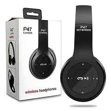Black P47 wireless headphones with buttons and retail packaging, Bluetooth over-ear headset