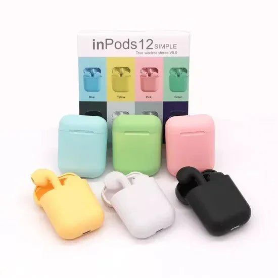 Colorful wireless Bluetooth earbuds in pastel cases with packaging in background